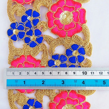 Floral Embroidery Indian Trim With Gold Sequins, Fuchsia Pink, Blue & Gold